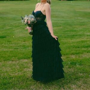 Navy blue lace tiered prom dress